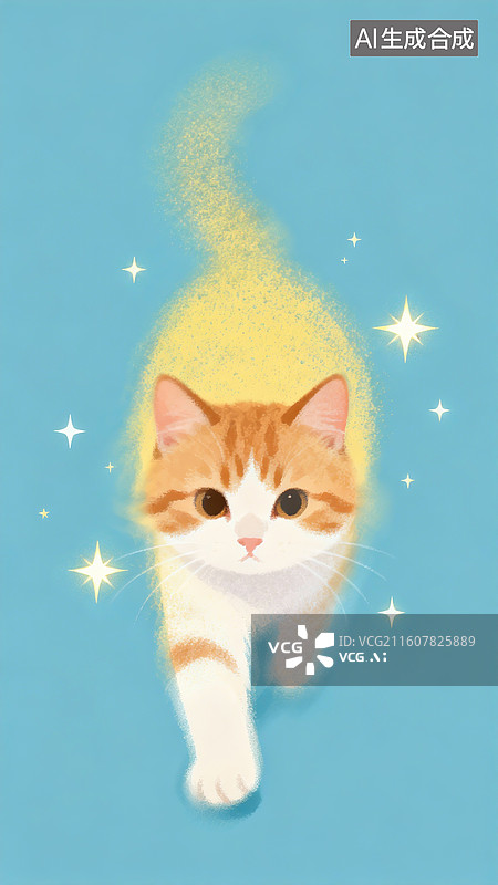【AI数字艺术】极简插画，强调梦幻温暖的氛围感，微光，小猫前端清晰后端模糊，仿佛从梦境中走入现实，周围有小星星图片素材
