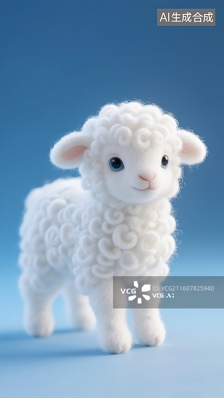 【AI数字艺术】蓝色渐变背景，一只洁白如雪的小羊宝宝，洁白细腻卷曲的毛发，清澈明亮的眼睛，神态软萌灵动可爱，羊毛毡质图片素材