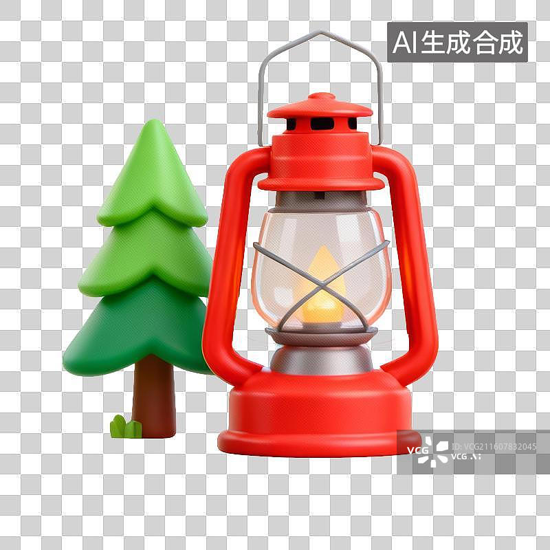 【AI数字艺术】红色露营灯与绿色小树，3D免抠元素图片素材