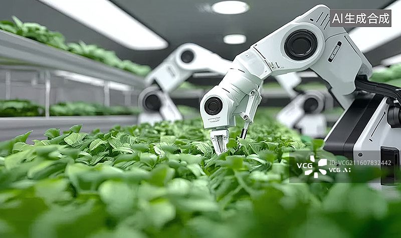 【AI数字艺术】室内农场里机器人手臂操作培育绿叶蔬菜，智能设备与作物结合，呈现出科技赋能的自动化现代农业种植场景画面图片素材