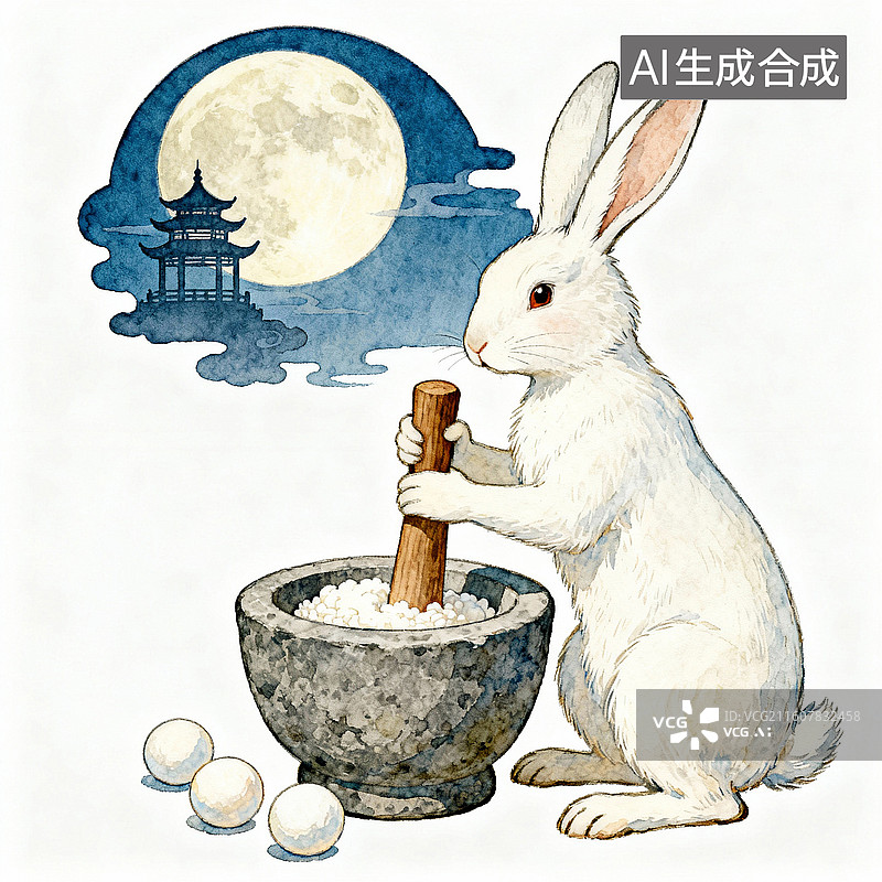 【AI数字艺术】月兔捣面粉制作汤圆 元宵节中秋节主题插画图片素材
