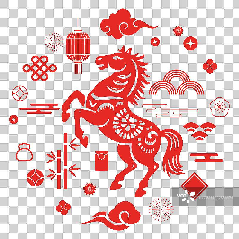 2026马年十二生肖红色马剪纸插画图片素材