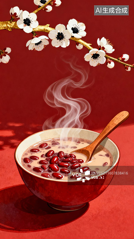 【AI数字艺术】红豆粥热气腾腾配梅花枝图片素材
