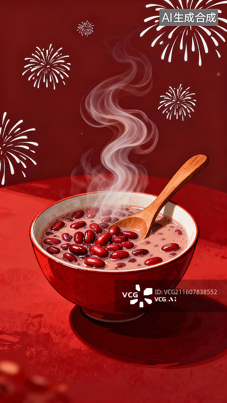 【AI数字艺术】热气腾腾的红豆粥配木勺图片素材