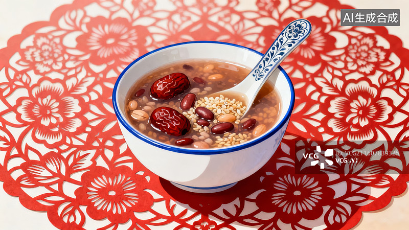 【AI数字艺术】红豆薏米粥盛于瓷碗中图片素材
