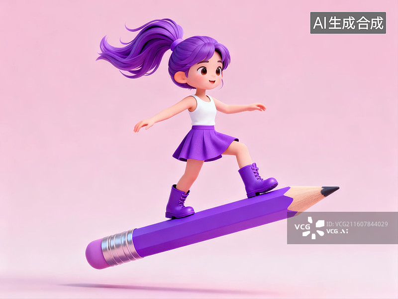 【AI数字艺术】女孩站在紫色铅笔上图片素材