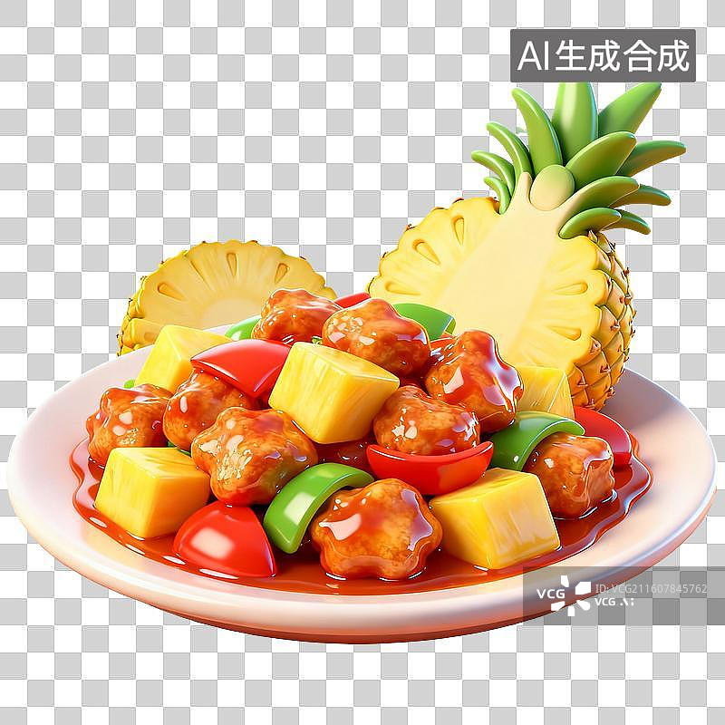 【AI数字艺术】3D卡通年夜饭元素菠萝咕咾肉图片素材