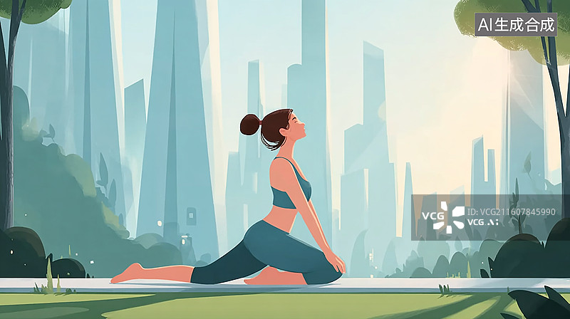【AI数字艺术】城市公园女性做瑜伽时刻图片素材