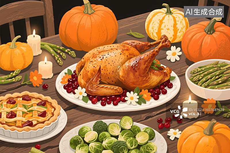 【AI数字艺术】感恩节丰盛烤鸡餐桌图片素材