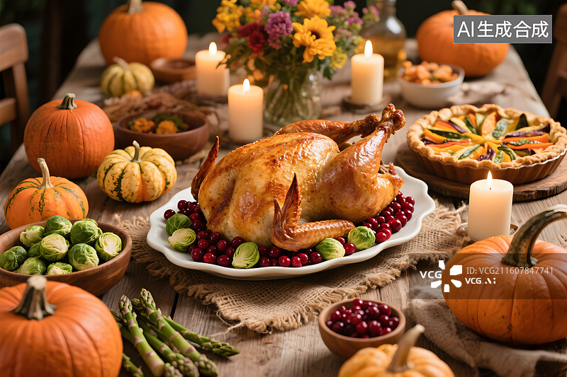 【AI数字艺术】感恩节丰盛烤鸡餐桌图片素材
