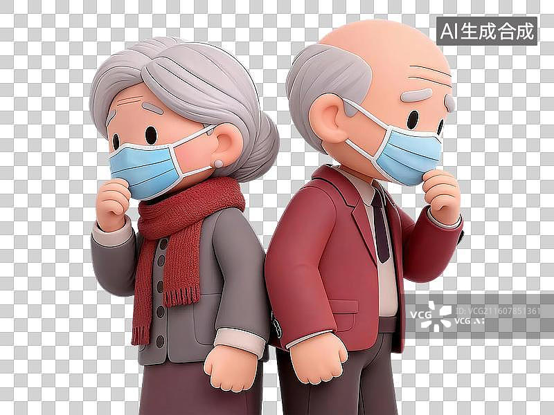 【AI数字艺术】3D卡通戴口罩预防流感感冒病毒的老年人插画免抠元素图片素材