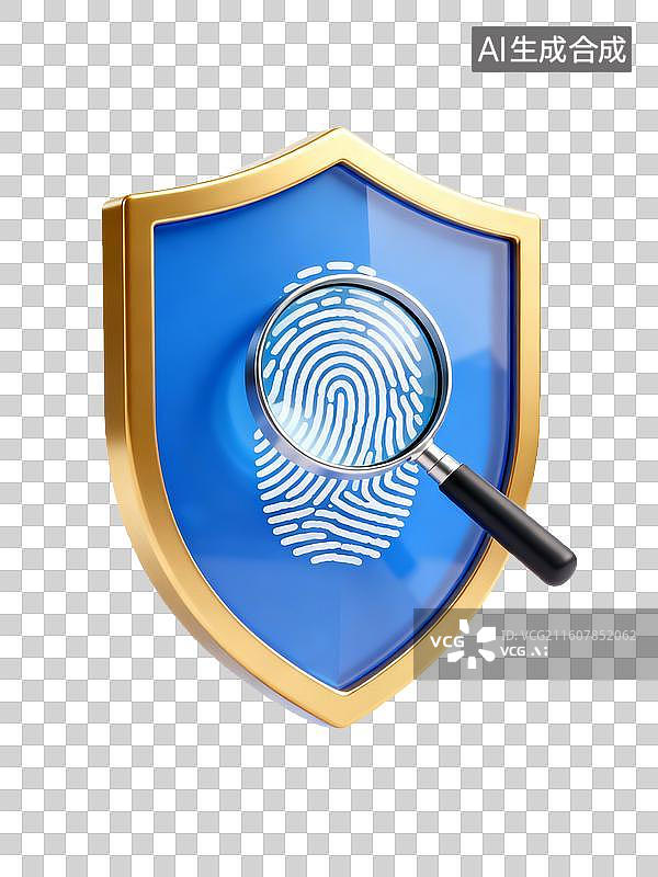 【AI数字艺术】盾牌上的指纹与放大镜安全标识图片素材