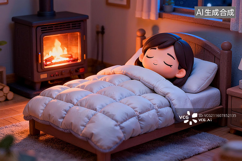 【AI数字艺术】3D卡通冬天开着取暖器盖羽绒被睡觉的人插画图片素材