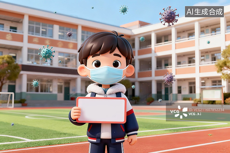 【AI数字艺术】3D卡通校园里戴口罩预防感冒流感病毒举着宣传标语的学生宣传科普医疗插画图片素材