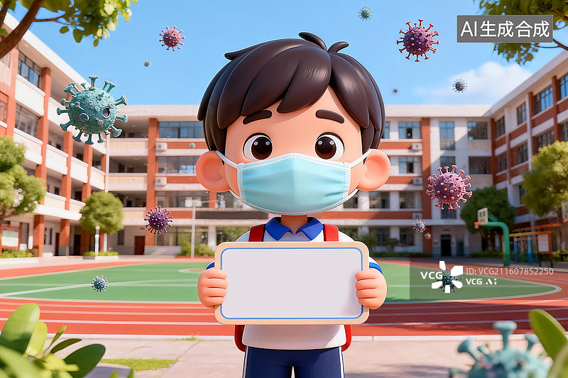 【AI数字艺术】3D卡通校园里戴口罩预防感冒流感病毒举着宣传标语的学生宣传科普医疗插画图片素材