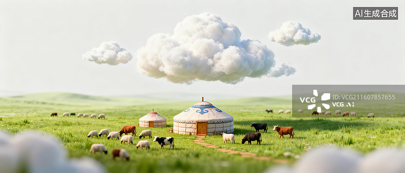 【AI数字艺术】草原上的蒙古包与牛羊图片素材