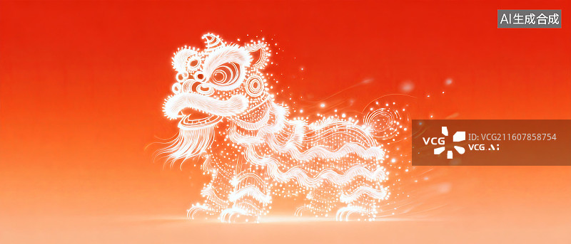 【AI数字艺术】红色背景上的白色舞狮剪纸图案图片素材