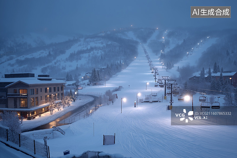 【AI数字艺术】雪山夜景：灯光下的滑雪场图片素材