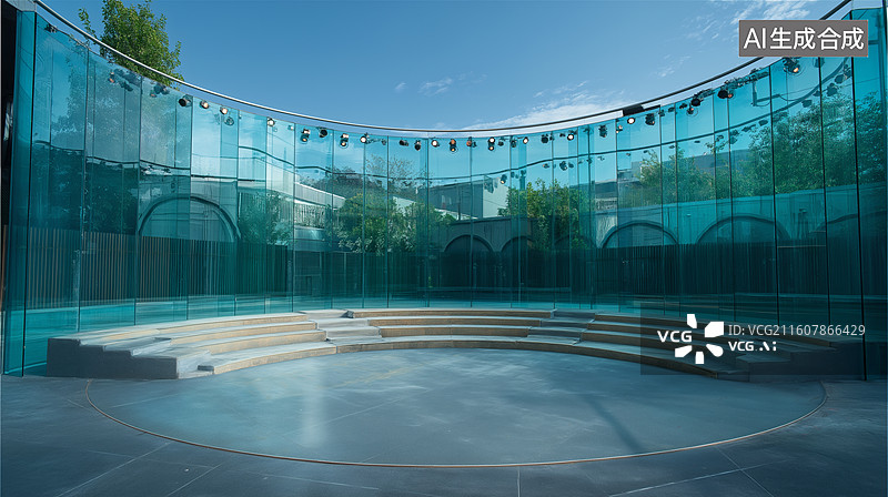 【AI数字艺术】现代建筑的圆形玻璃幕墙与庭院图片素材