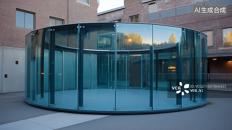 【AI数字艺术】现代建筑的圆形玻璃幕墙与庭院图片素材