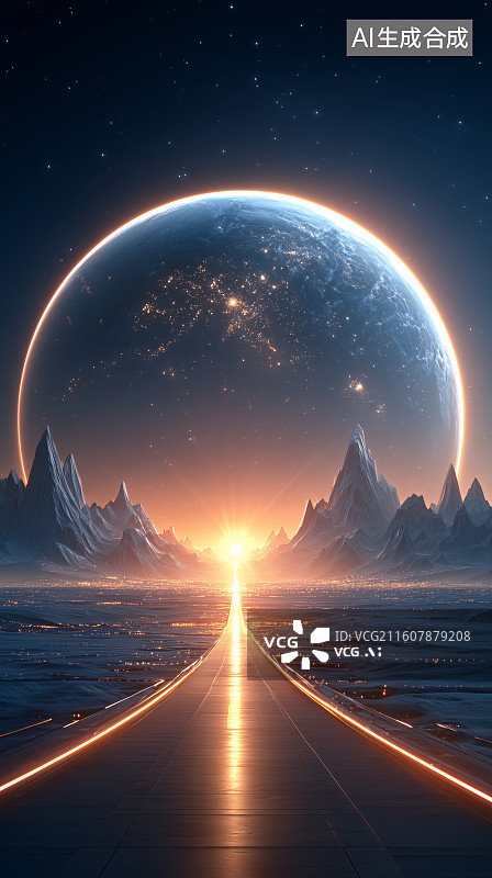 【AI数字艺术】科幻星球日出景象图片素材