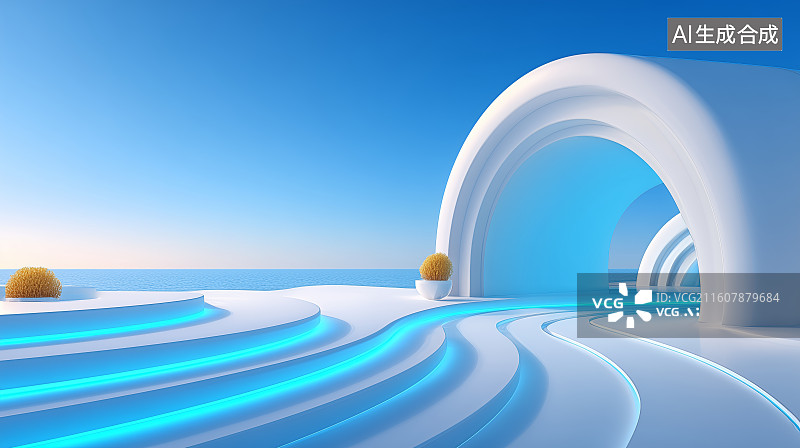 【AI数字艺术】未来感白色曲线建筑与泳池图片素材