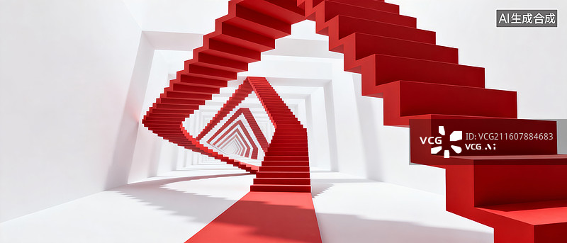 【AI数字艺术】白色空间中的红色螺旋楼梯图片素材