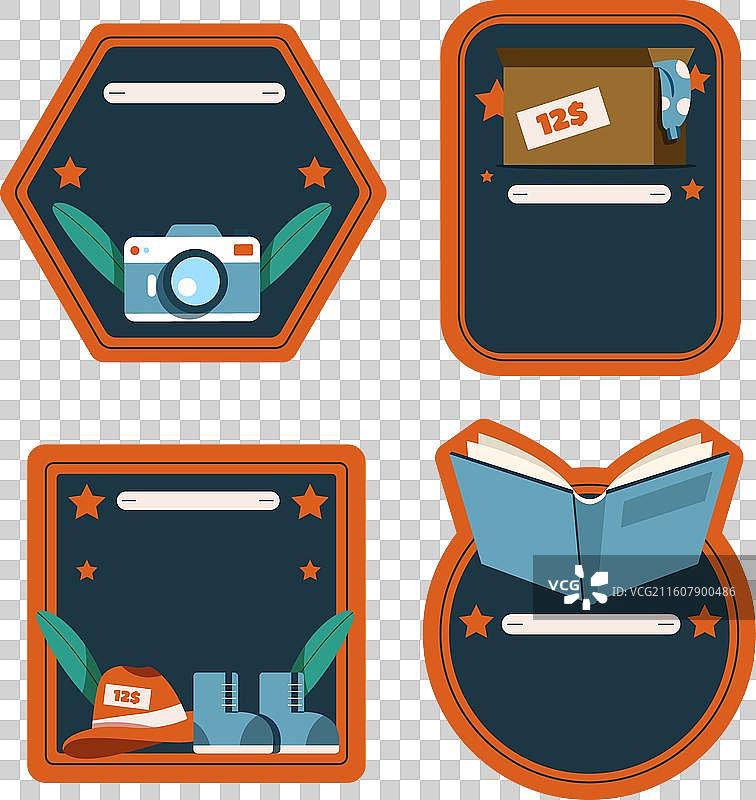 平铺的跳蚤市场购物标签集合图片素材