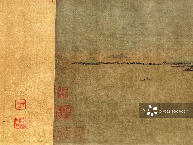 上海博物馆藏元赵孟頫《吴兴清远图》｜青绿山水手卷书法题跋（绢本设色／项元汴鉴藏印）｜元代书画研究图片素材