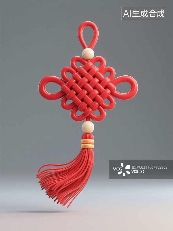 【AI数字艺术】灰色背景下悬浮着的红色中国结图片素材