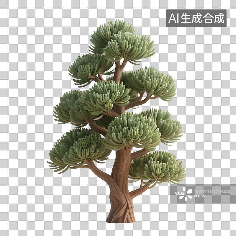 【AI数字艺术】3D渲染国风元素，罗汉松盆景，文房清供，松树盆栽，中式植物花卉，免抠元素图片素材