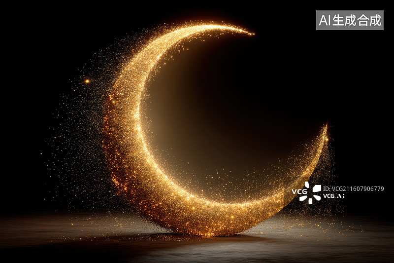 【AI数字艺术】金色粒子组成的月牙装饰元素图片素材