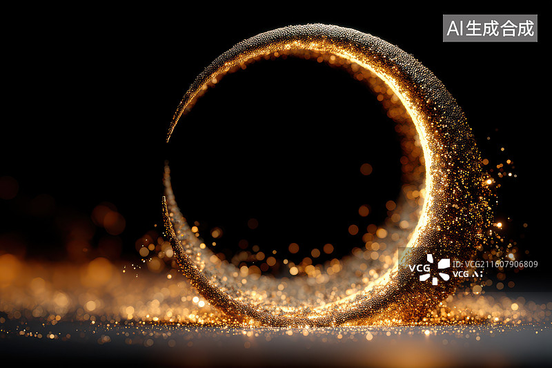 【AI数字艺术】金色粒子组成的月牙装饰元素图片素材