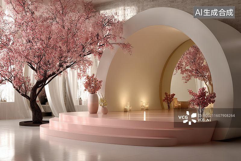 【AI数字艺术】粉樱圆形窗白色阶梯装饰空间图片素材