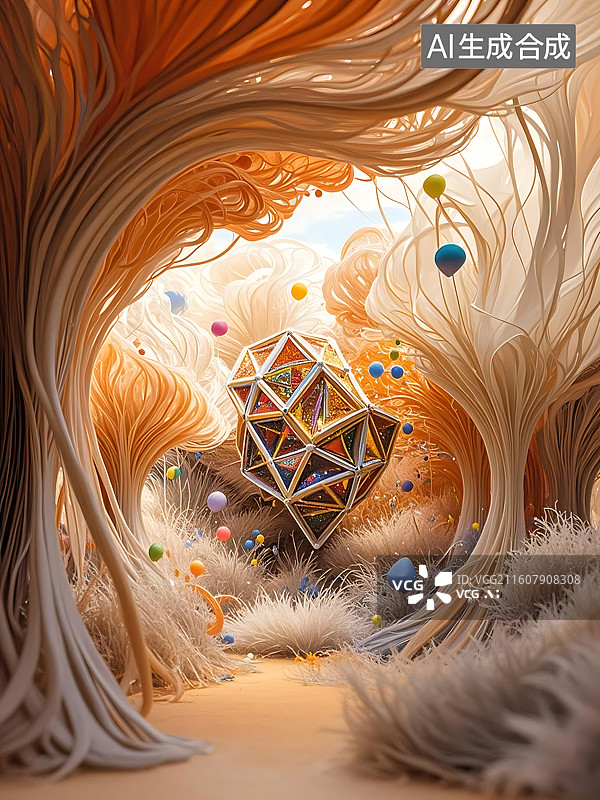 【AI数字艺术】奇异树林中的几何体与彩色气球图片素材