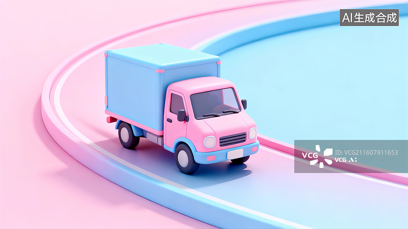【AI数字艺术】粉色卡车在彩色轨道上行驶图片素材