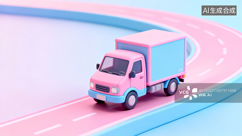 【AI数字艺术】粉色玩具卡车在彩色道路上行驶图片素材