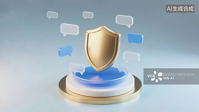 【AI数字艺术】纯色背景下圆形底座上金色安全标识盾牌和周边多个悬浮气泡框对话框，通信信息防护服务保障预防风险主题装饰图片素材