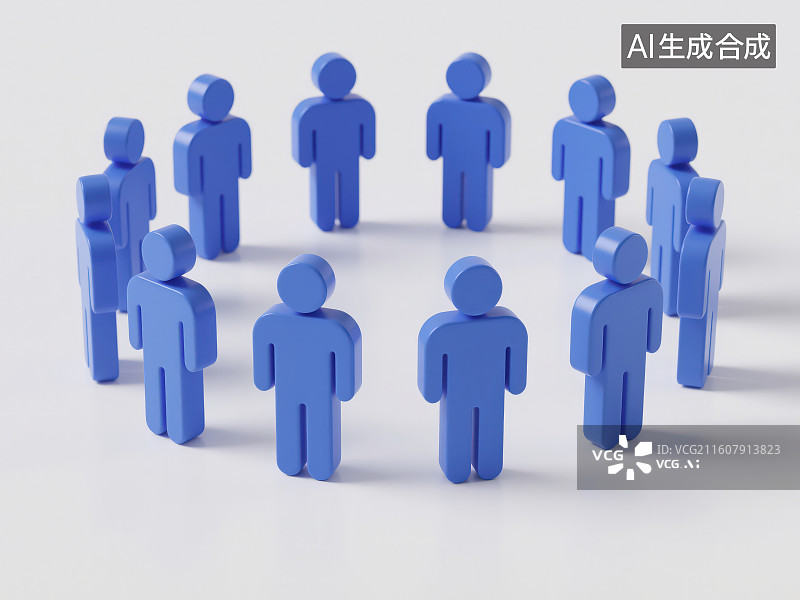 【AI数字艺术】白色背景下围着一圈的蓝色人形玩偶，团队协作群体交流商务概念背景图片素材