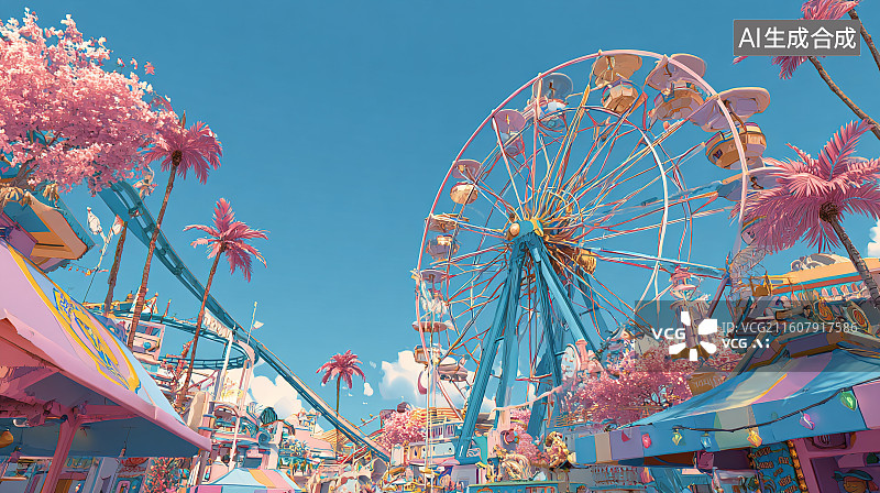 【AI数字艺术】粉蓝马卡龙色系的梦幻游乐园场景图片素材