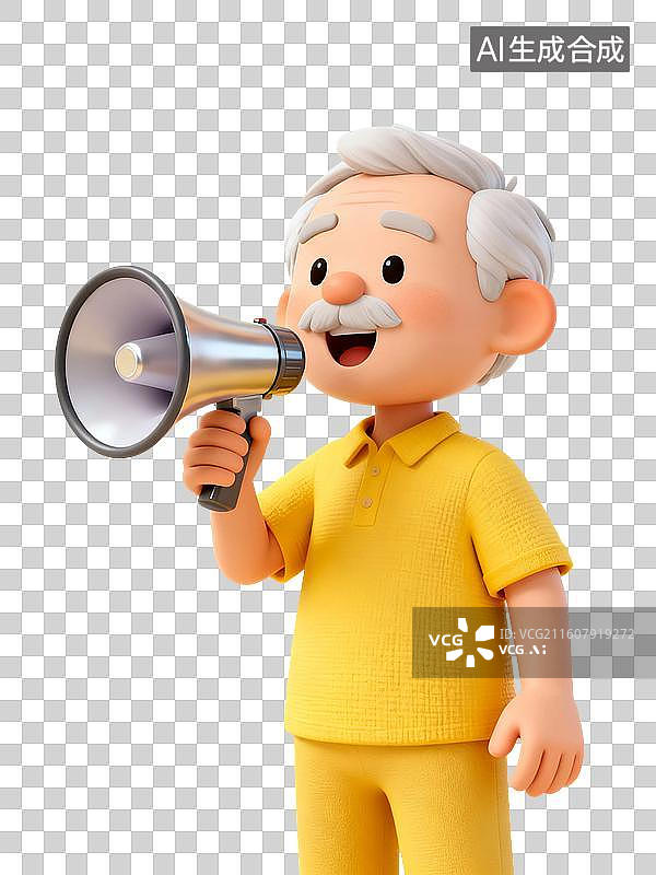 【AI数字艺术】3D渲染卡通人物，拿着喇叭大声说话的老年人，老人，免抠元素图片素材