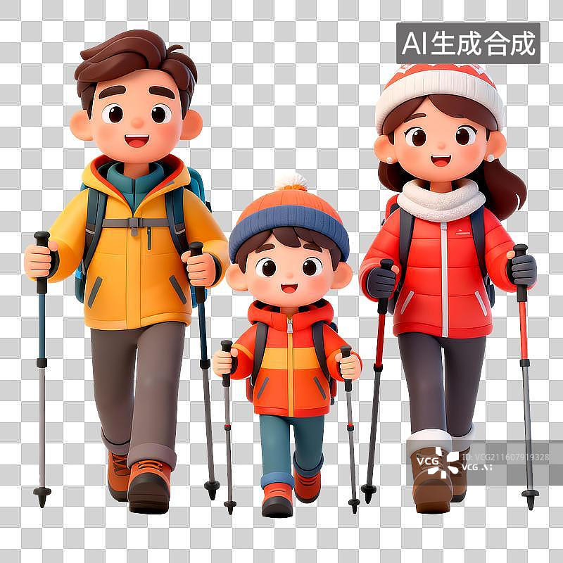 【AI数字艺术】3D立体三维C4D一家三口家庭亲子亲情户外徒步旅行旅游登山探险免抠元素设计元素图片素材