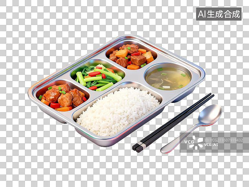 【AI数字艺术】3D渲染，一份简餐，便饭，便当，食堂，工作餐，扁平化风格，免抠元素图片素材