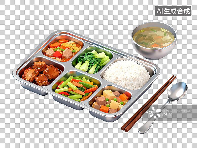 【AI数字艺术】3D渲染，一份简餐，便饭，便当，食堂，工作餐，扁平化风格，免抠元素图片素材