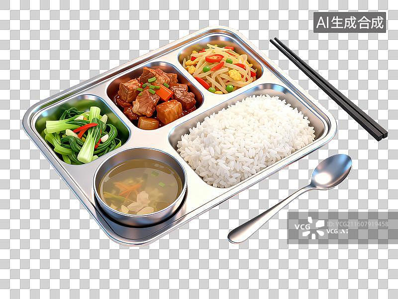 【AI数字艺术】3D渲染，一份简餐，便饭，便当，食堂，工作餐，扁平化风格，免抠元素图片素材