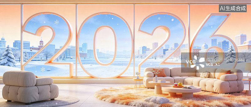 【AI数字艺术】2026 柔和桃色新年室内雪景 节日装饰横版设计素材图片素材