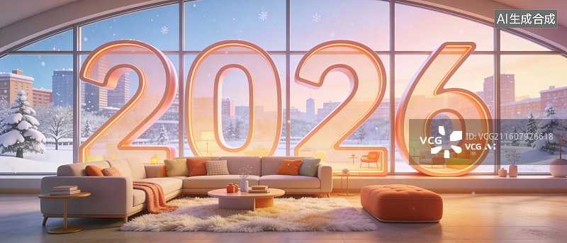 【AI数字艺术】2026 柔和桃色新年室内雪景 节日装饰横版设计素材图片素材