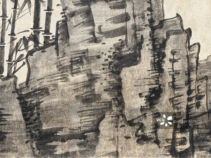 上海博物馆藏元吴镇《竹谱图卷》｜水墨竹石书法题跋合卷（至正十年款／草书诗题）｜元代书画研究图片素材