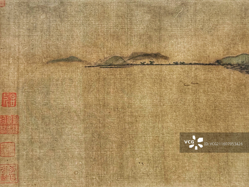 上海博物馆藏元赵孟頫《吴兴清远图》｜青绿山水手卷书法题跋（绢本设色／项元汴鉴藏印）｜元代书画研究图片素材