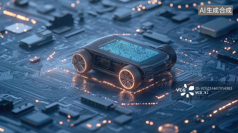 【AI数字艺术】电路板上的电动汽车底盘——新能源汽车电池科技概念图片素材